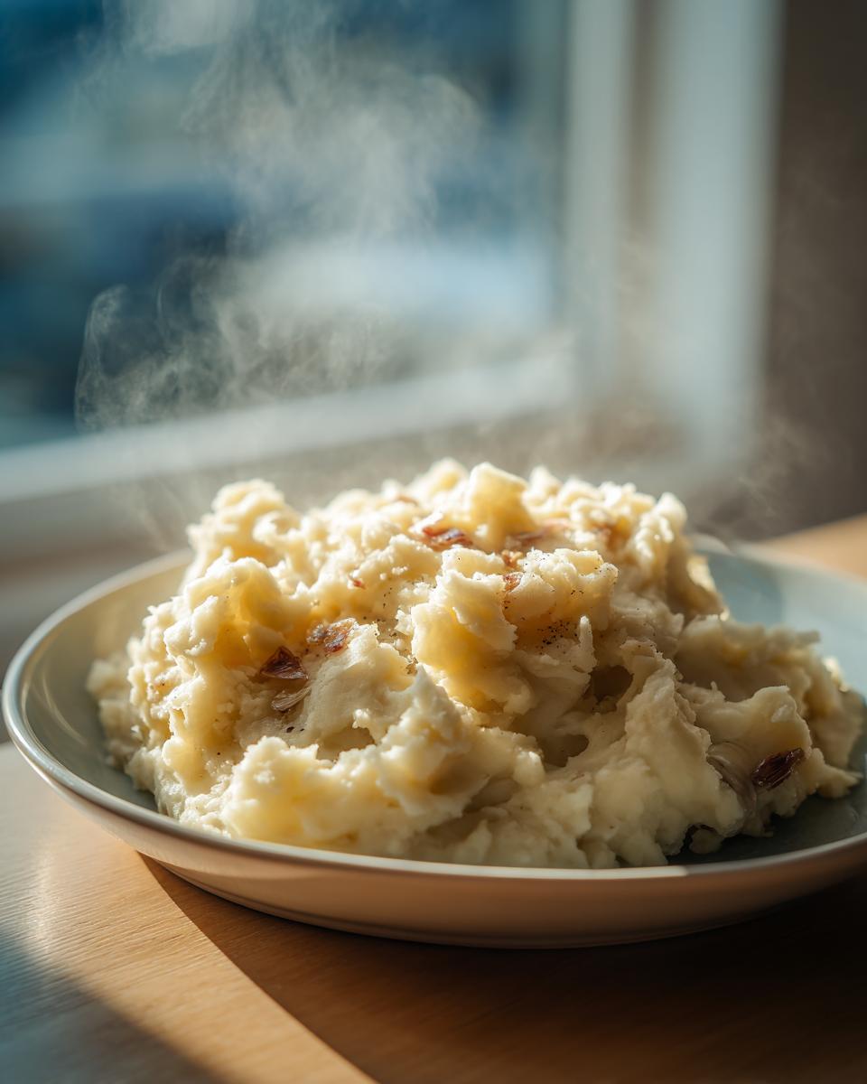 A close-up of steaming roasted garlic mashed potatoes topped with pepper, sitting on a plate bathed in warm sunlight.
