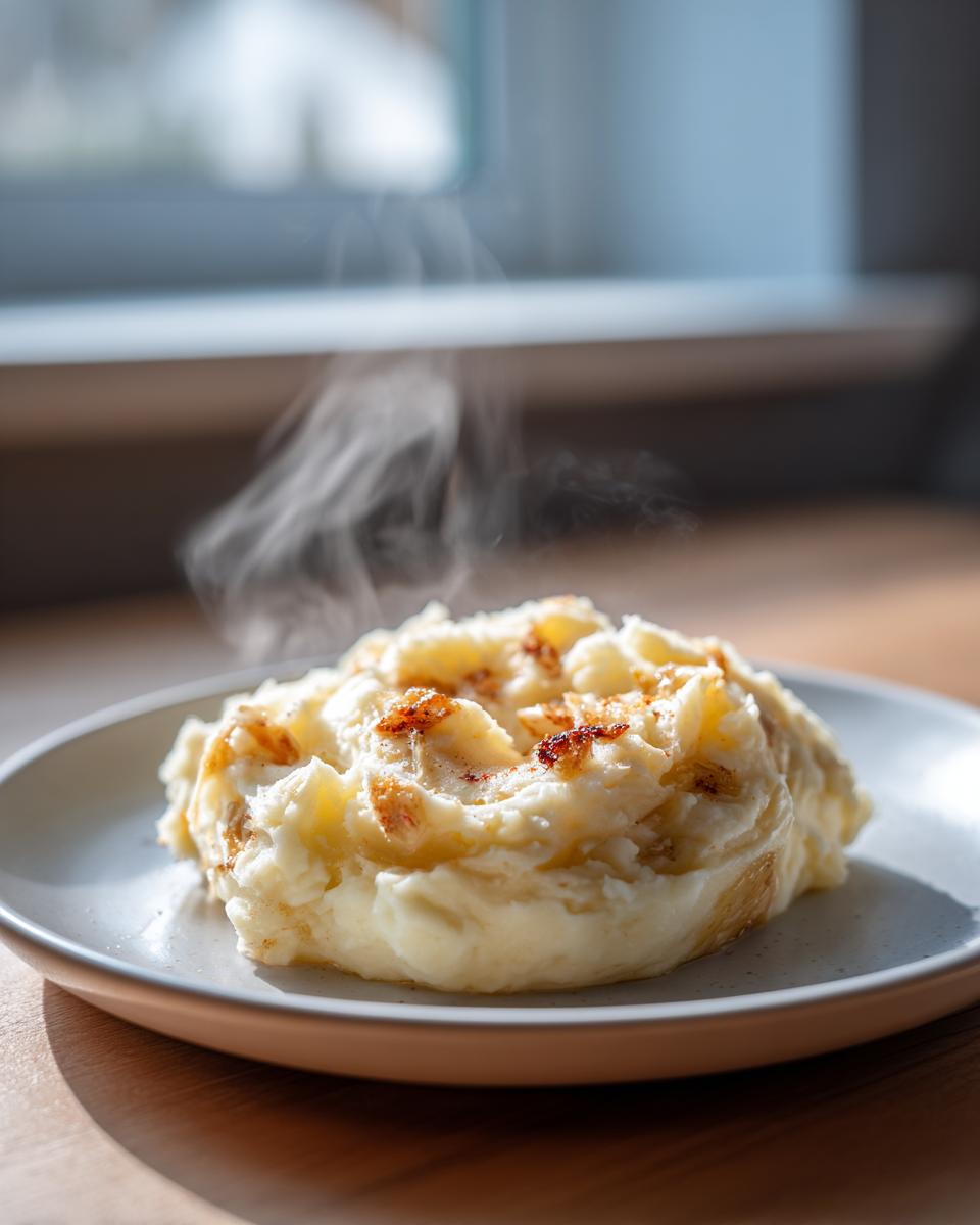A serving of steaming roasted garlic mashed potatoes topped with crispy bits, sitting on a light-colored plate.