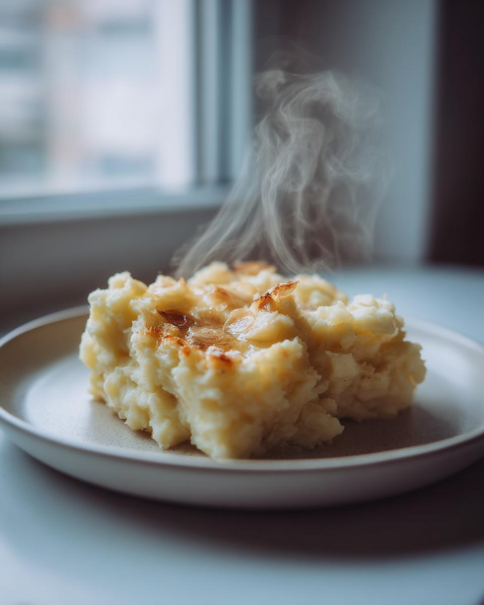 Two scoops of fluffy roasted garlic mashed potatoes steaming on a light plate near a window.