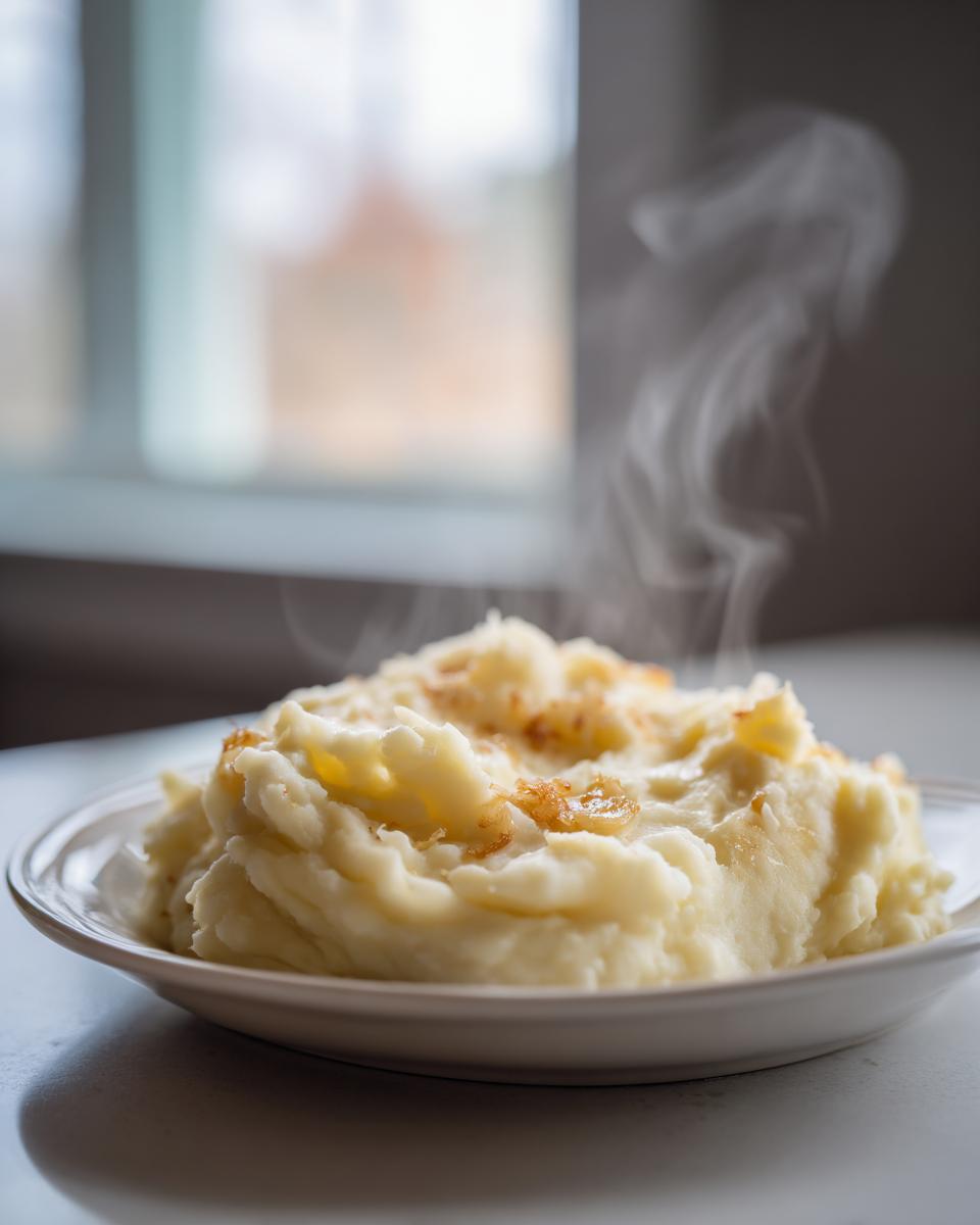 A close-up of hot, steaming roasted garlic mashed potatoes topped with caramelized garlic pieces on a white plate.