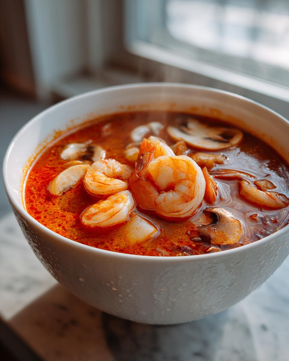 Close-up of a steaming white bowl filled with vibrant red tom yum soup, featuring large shrimp and sliced mushrooms.