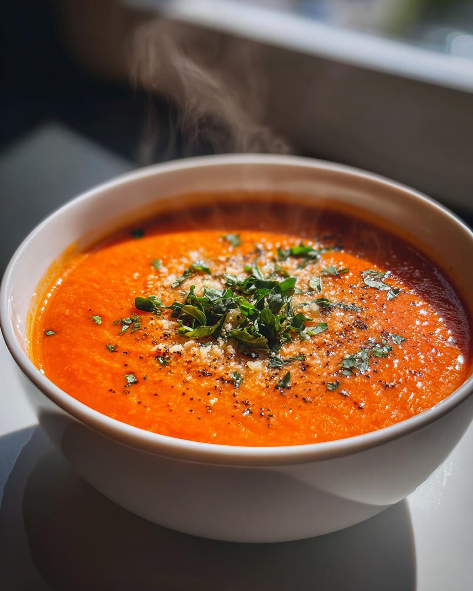 Close-up of a steaming bowl of vibrant orange tomato basil soup topped with fresh basil and grated Parmesan cheese.