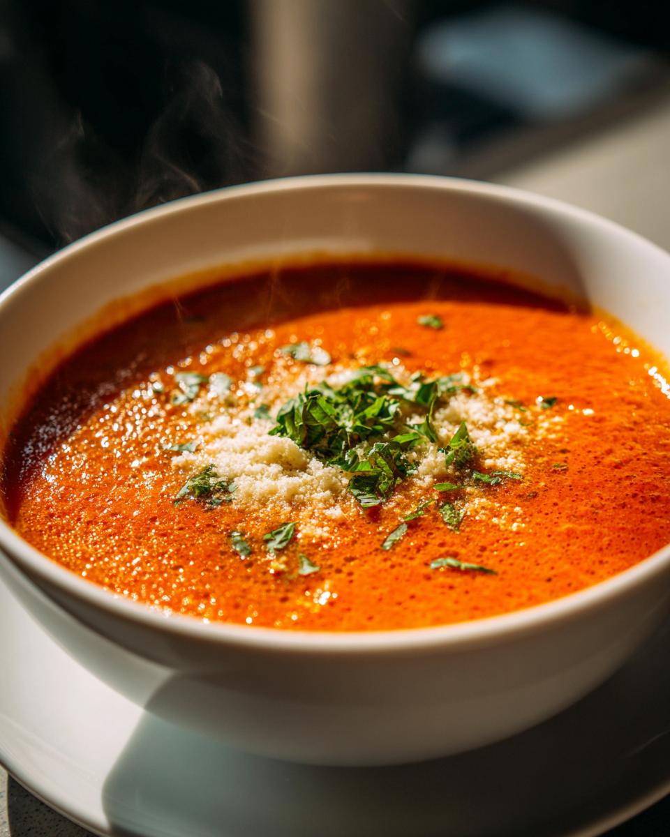 Close-up of a steaming bowl of vibrant orange tomato basil soup topped with grated Parmesan cheese and fresh chopped basil.