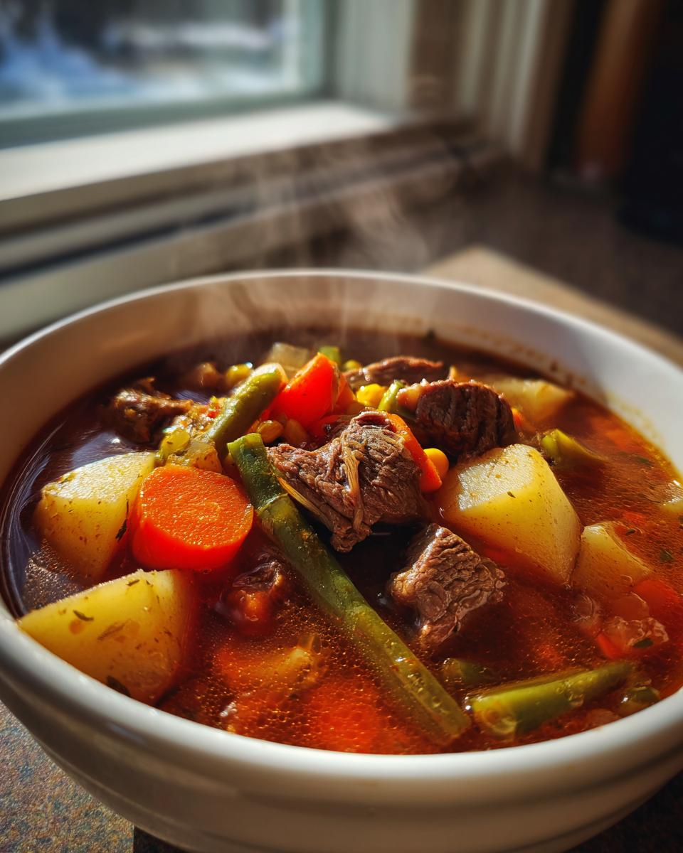 Close-up of a steaming white bowl filled with rich, red broth vegetable beef soup, featuring chunks of beef, carrots, potatoes, and green beans.