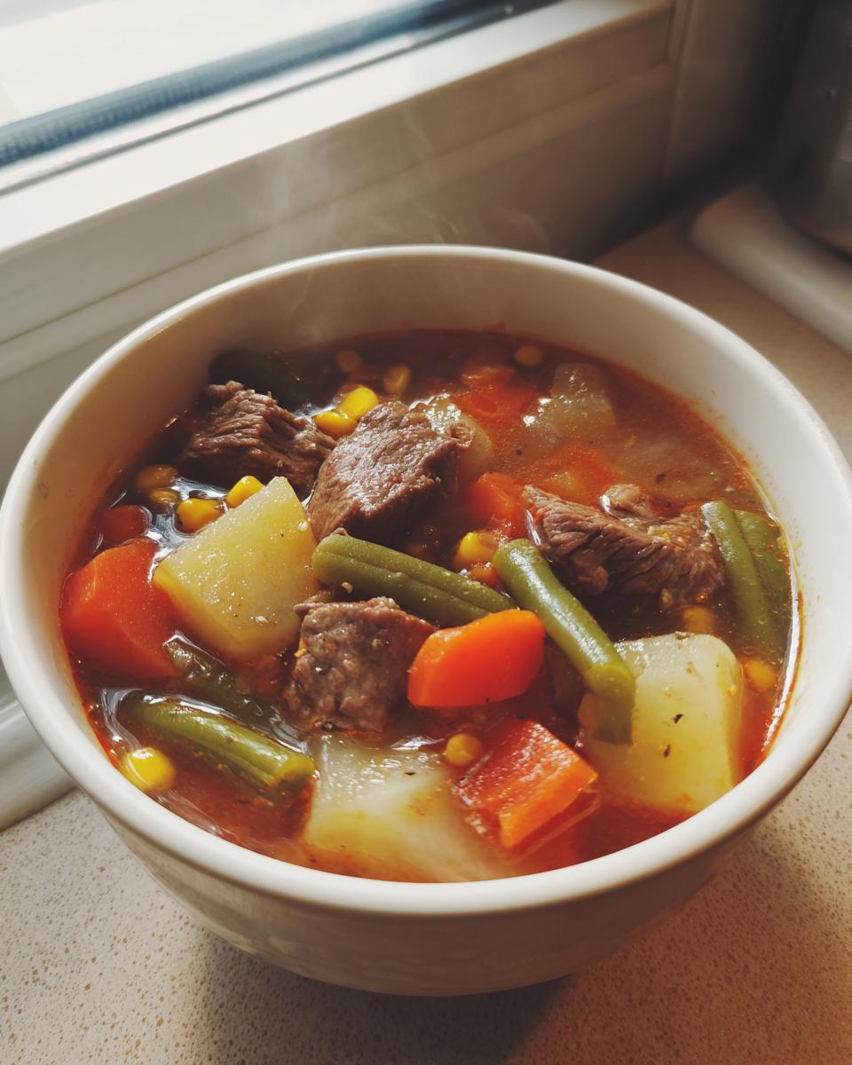 Close-up of a steaming white bowl filled with rich vegetable beef soup, showing chunks of beef, potatoes, carrots, and green beans.