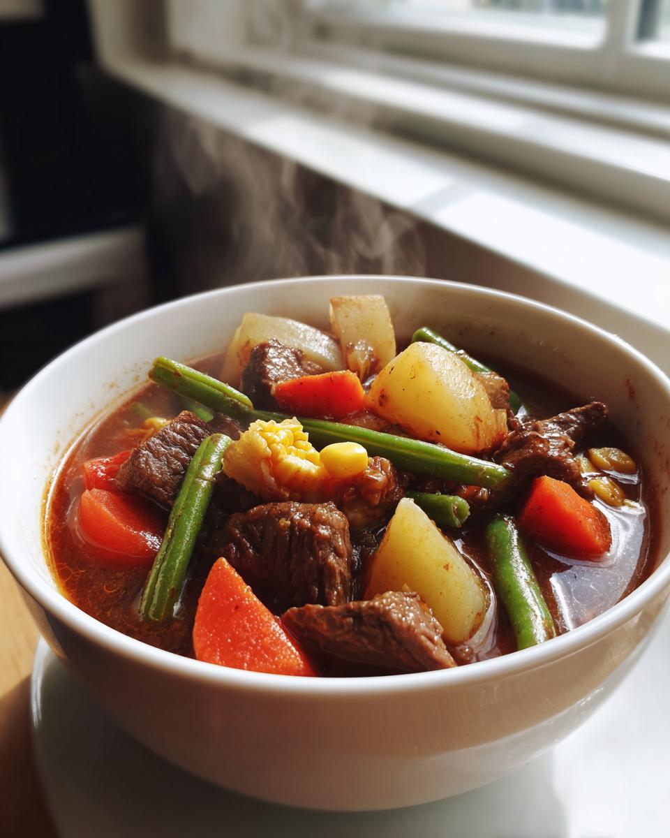 A close-up of a steaming white bowl filled with rich vegetable beef soup, showing chunks of beef, potatoes, carrots, and green beans.