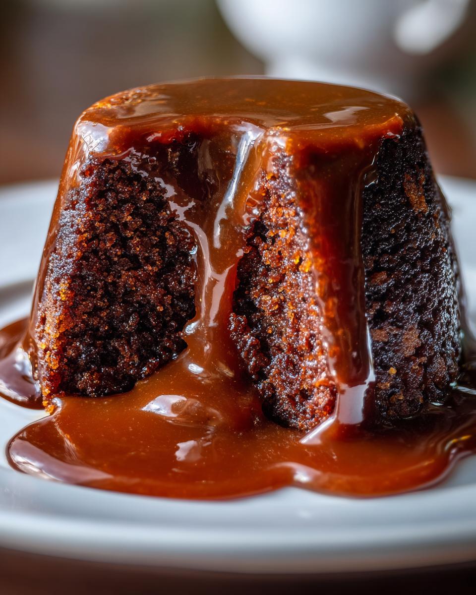 A close-up of a rich, dark sticky toffee pudding recipe dessert covered in thick, glossy toffee sauce.
