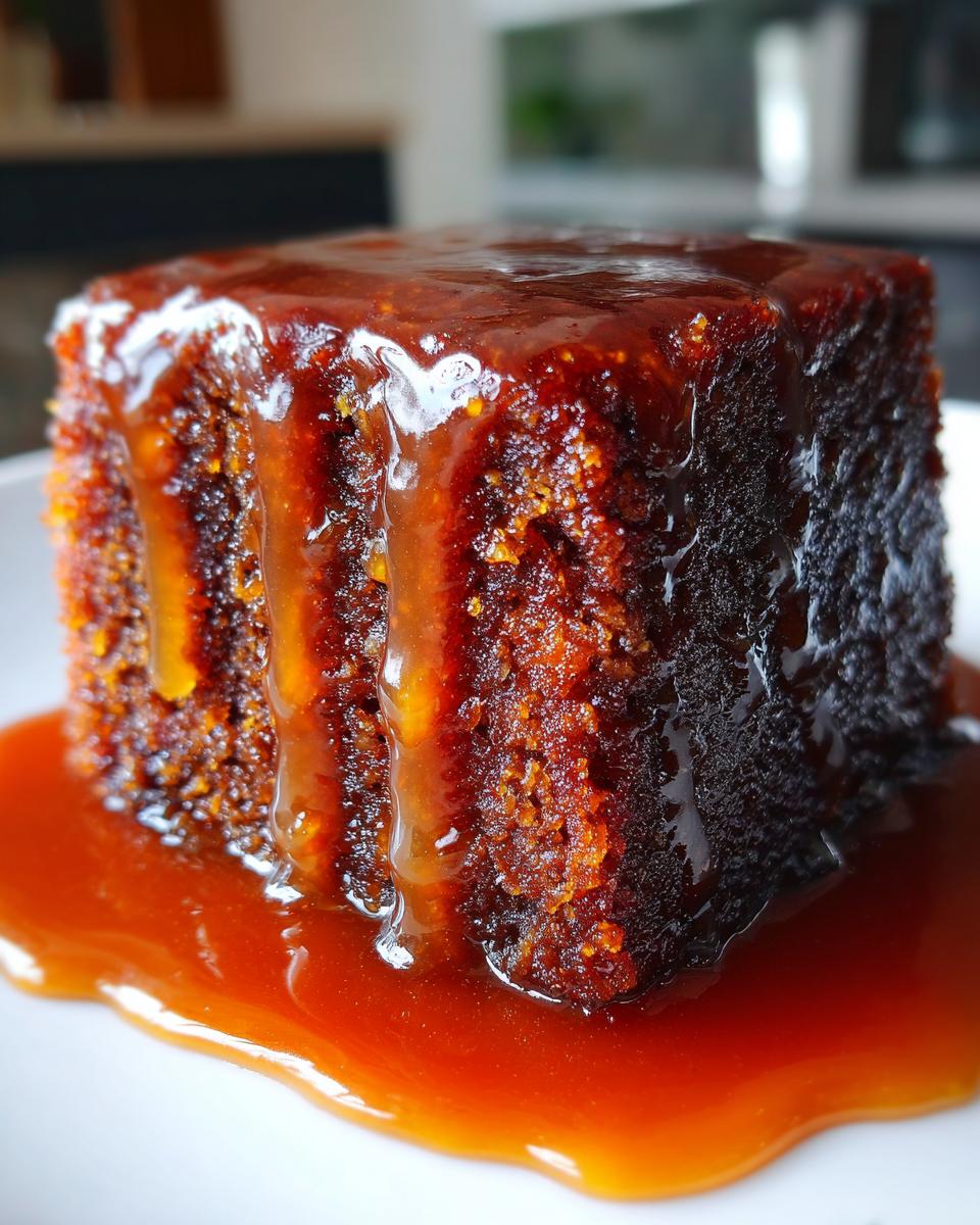 Close-up of a square portion of sticky toffee pudding recipe drenched in rich toffee sauce.