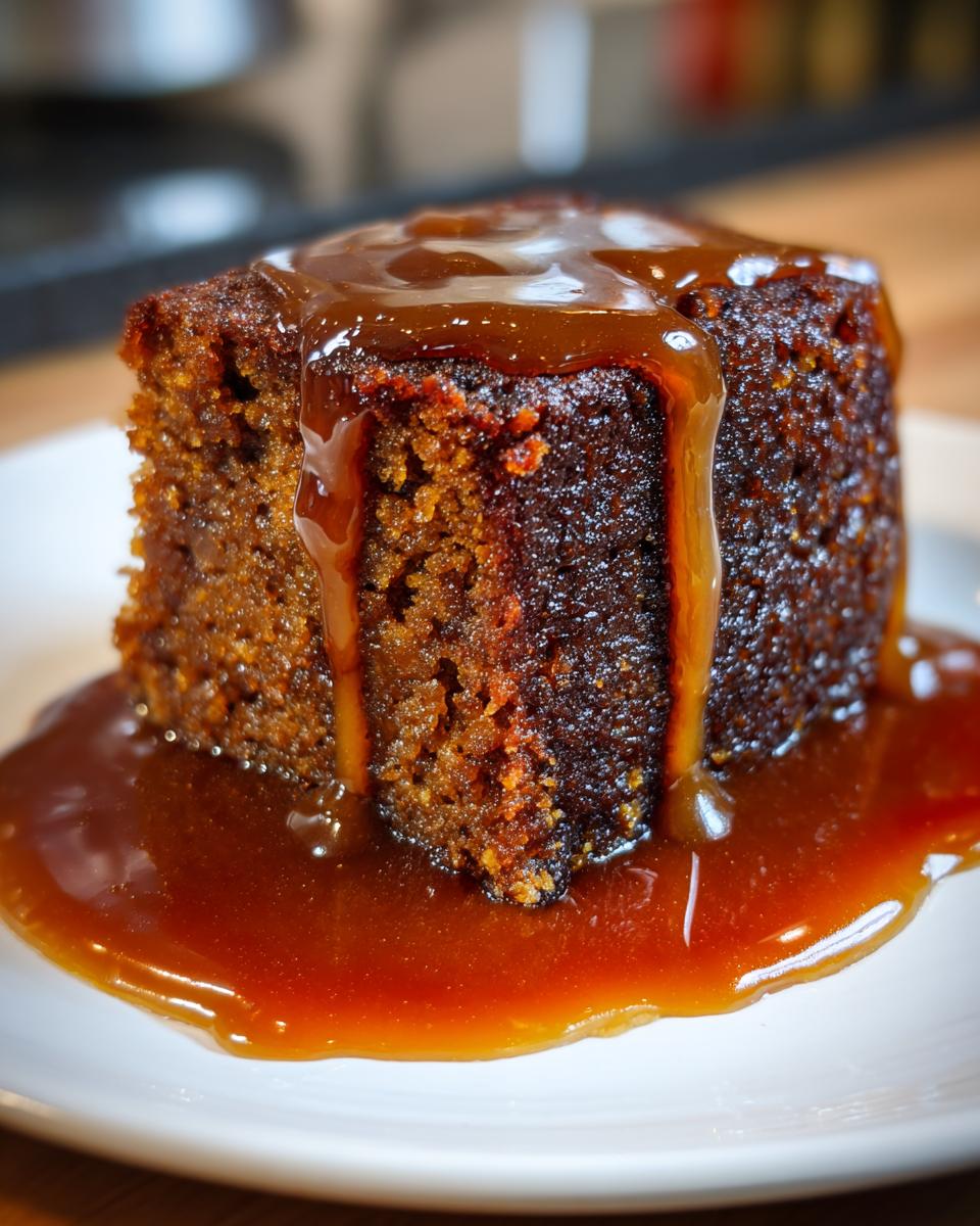 Close-up of a rich, dark slice of sticky toffee pudding recipe drenched in warm toffee sauce.