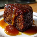 A rich, dark square of sticky toffee pudding recipe cake drenched in glossy caramel sauce.