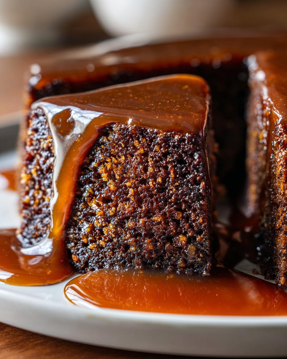 A close-up shot of a rich, dark slice of sticky toffee pudding recipe drenched in thick, glossy toffee sauce.