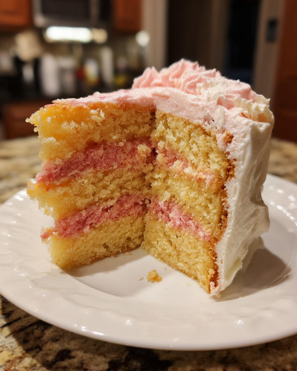 Cross-section of a moist slice of strawberry cake showing yellow layers, pink filling, and white frosting.