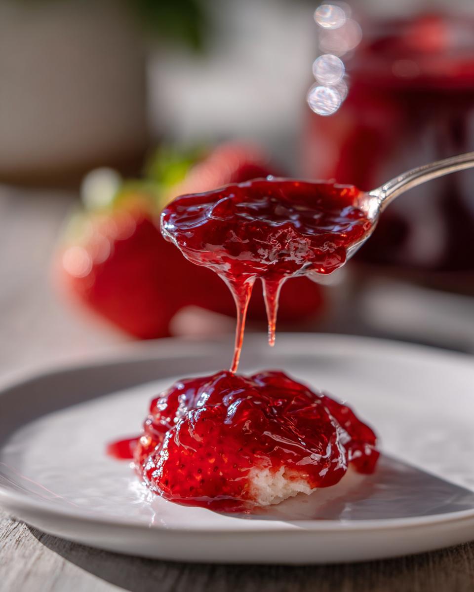 A spoonful of bright red strawberry freezer jam drips onto a dollop already resting on a white plate.