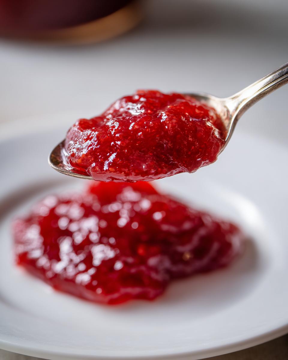 Close-up of a spoonful of vibrant red strawberry freezer jam being lifted above a dollop on a white plate.