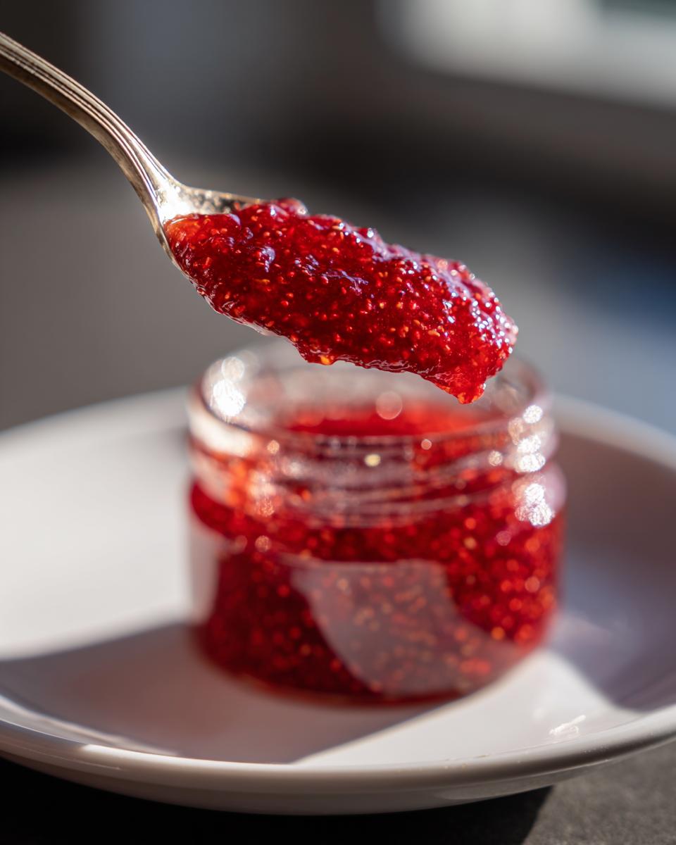A spoonful of bright red strawberry freezer jam being lifted above a small jar.