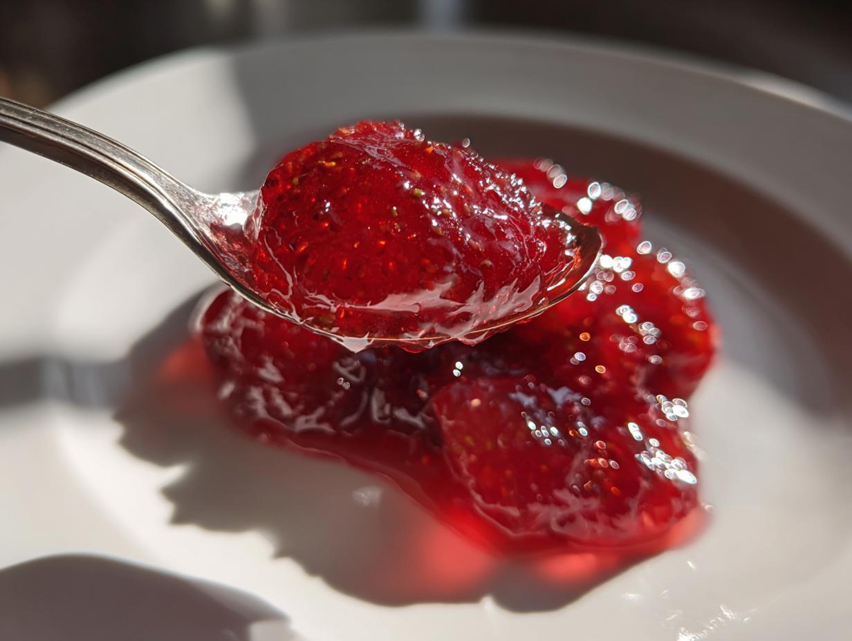 A spoonful of bright red, chunky strawberry freezer jam being lifted from a dollop on a white plate.