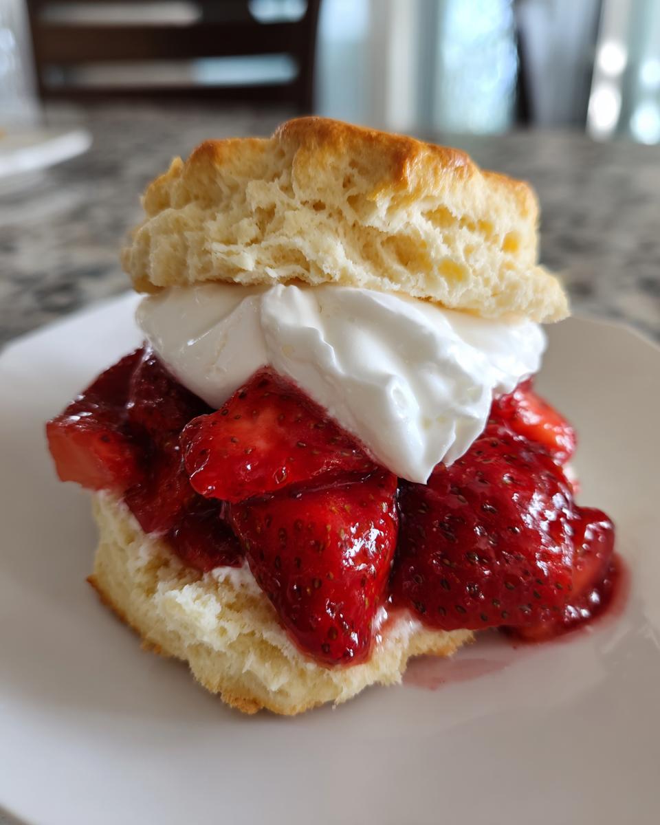 A delicious, freshly made strawberry shortcake featuring a split biscuit, macerated strawberries, and a dollop of whipped cream.