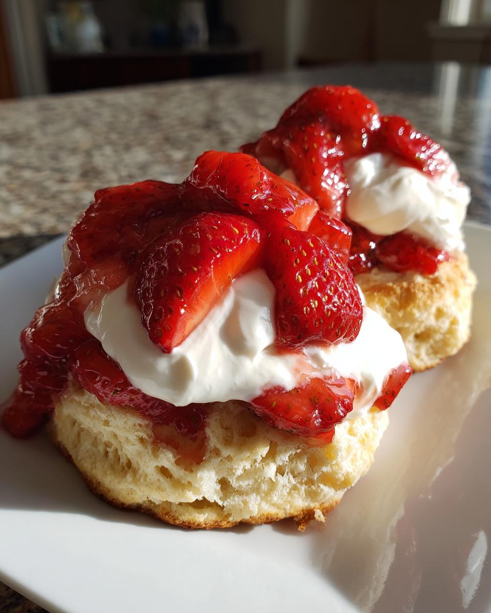 Two fluffy biscuits topped with whipped cream and macerated strawberries, ready to eat in this amazing shortcake recipe.