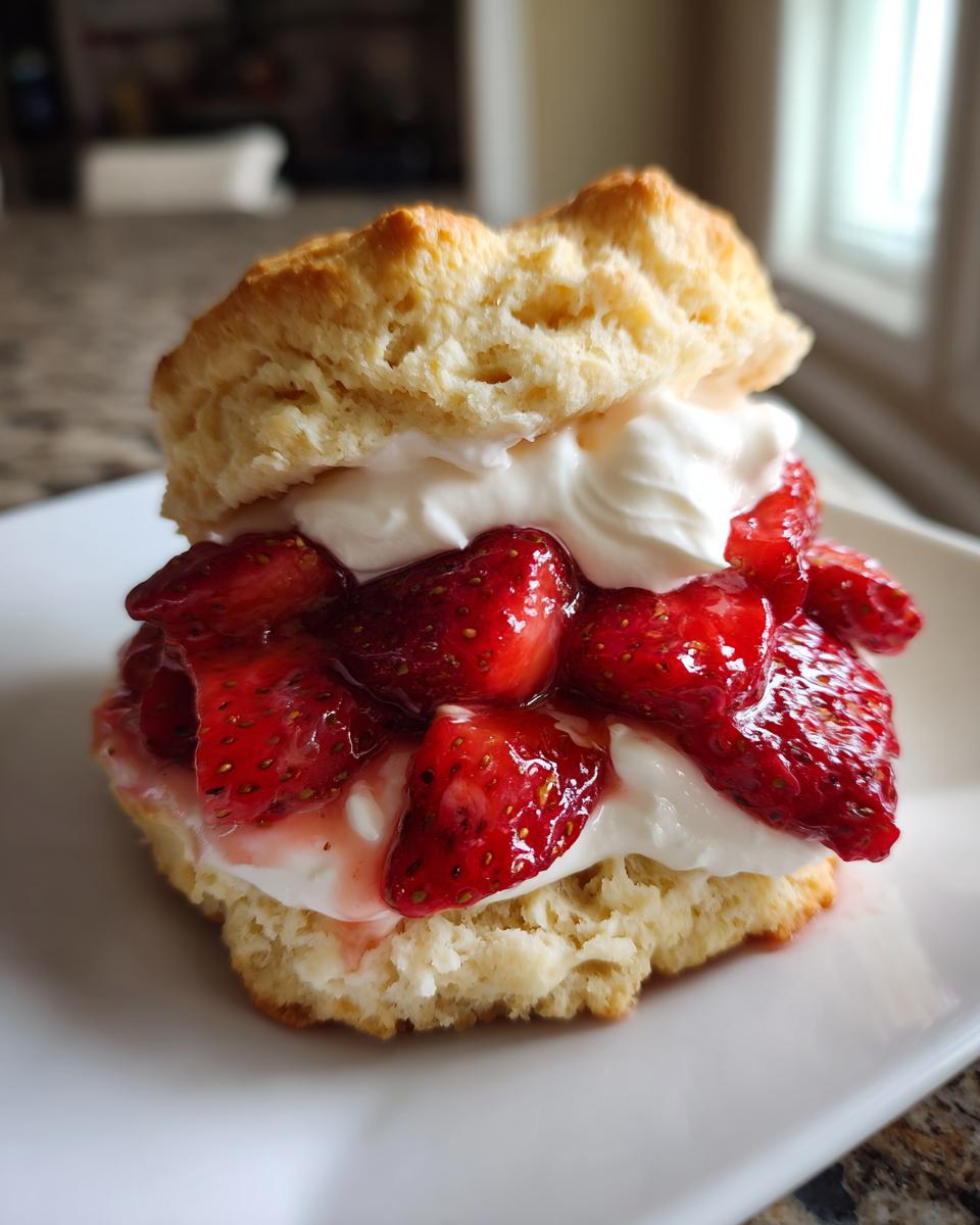 A close-up of a delicious strawberry shortcake featuring a fluffy biscuit, whipped cream, and macerated strawberries.