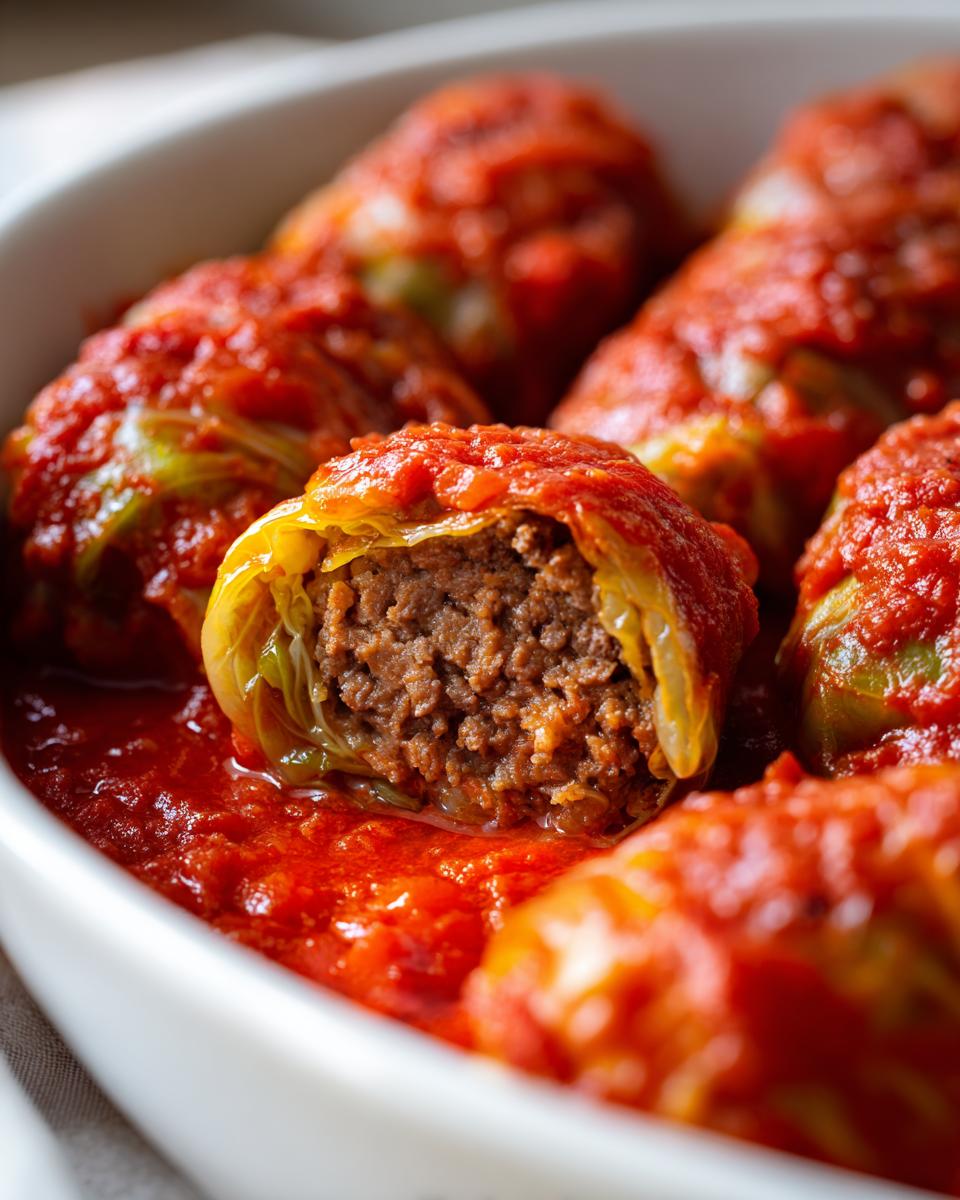 A close-up showing the cross-section of one of the Stuffed Cabbage Rolls, revealing the savory meat filling.