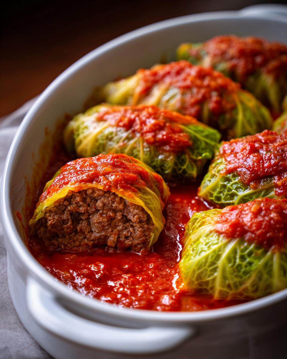A close-up of several Stuffed Cabbage Rolls nestled in a white baking dish and covered with rich tomato sauce.