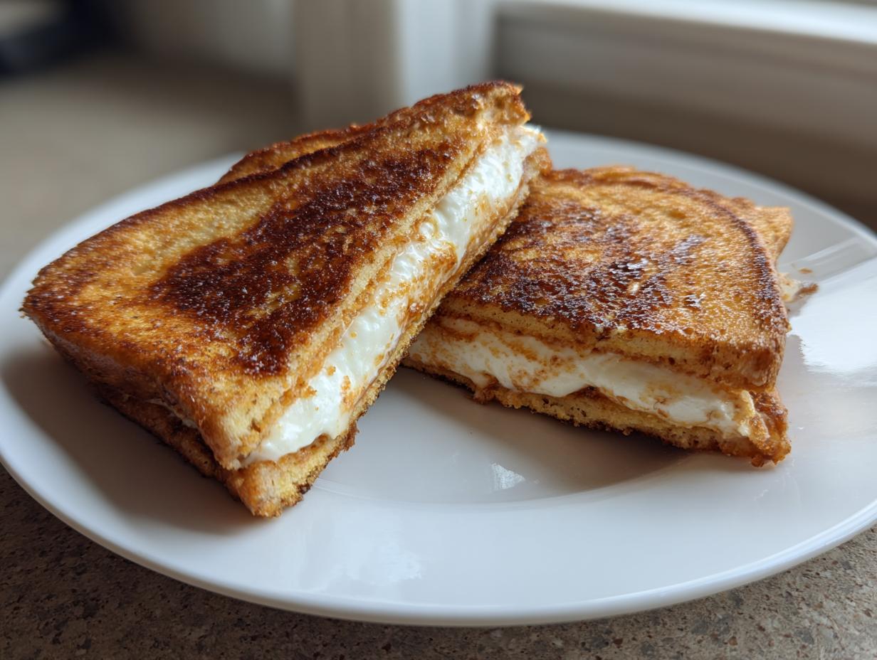 Two halves of golden brown stuffed french toast, showing a thick, creamy white filling, served on a white plate.