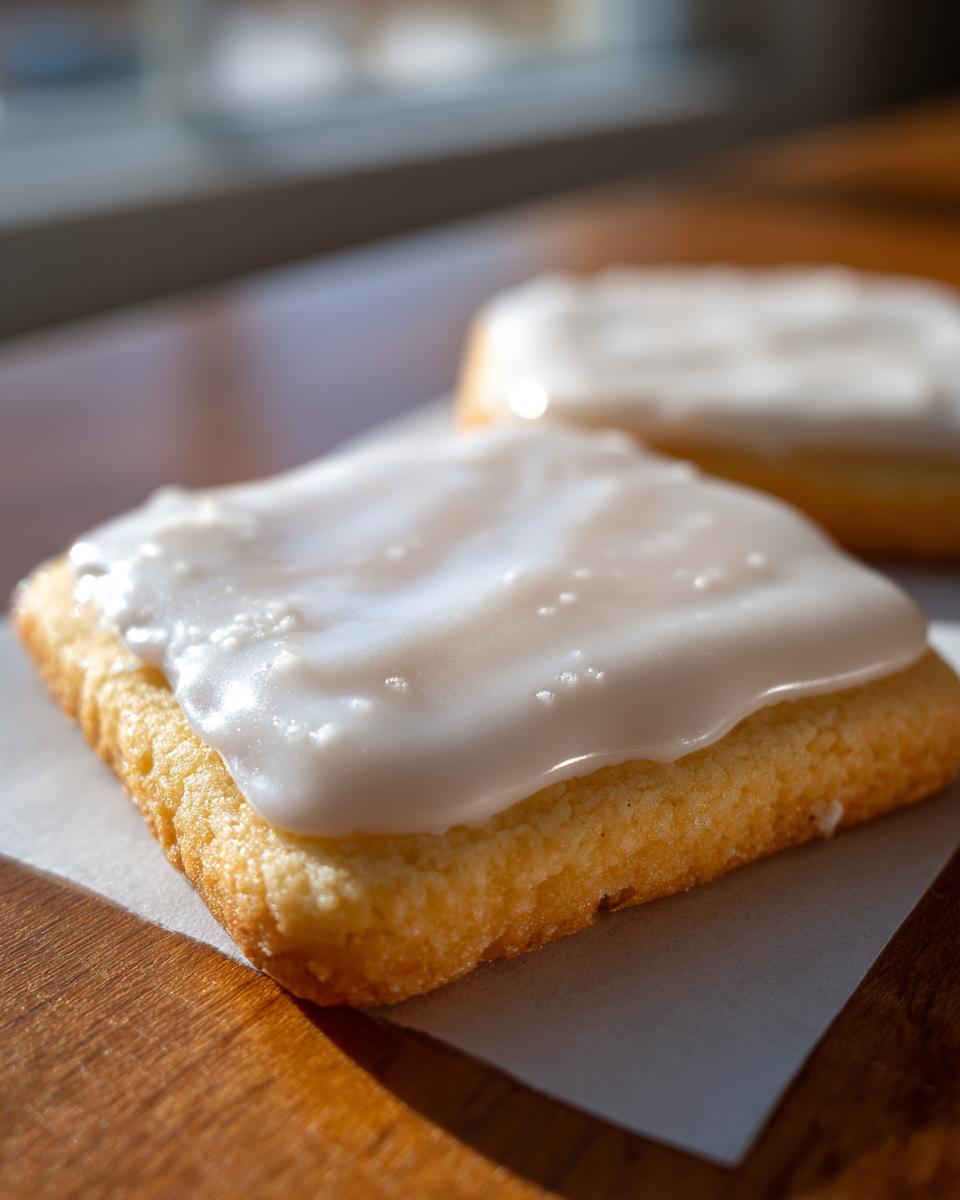 Close-up of a square sugar cookie topped with glossy, white sugar cookie icing that hardens.