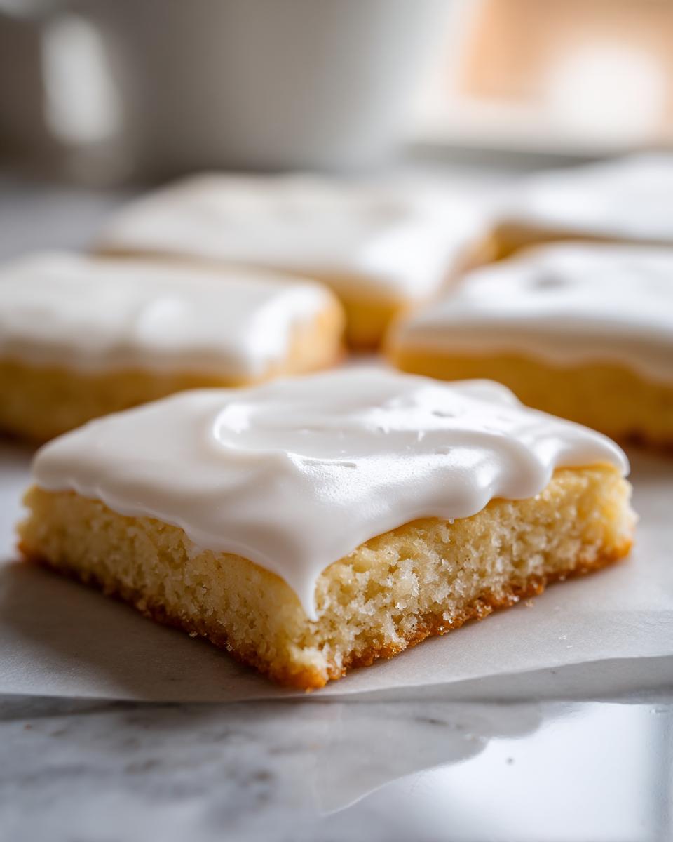 A close-up of a square sugar cookie bar topped with thick, smooth sugar cookie icing that hardens.