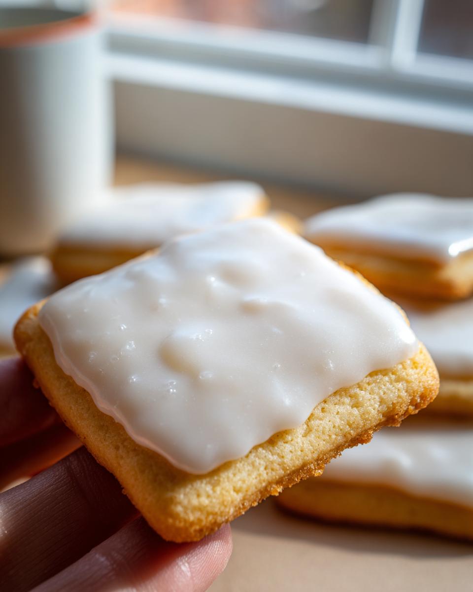 A hand holding a square sugar cookie topped with thick, white sugar cookie icing that hardens.