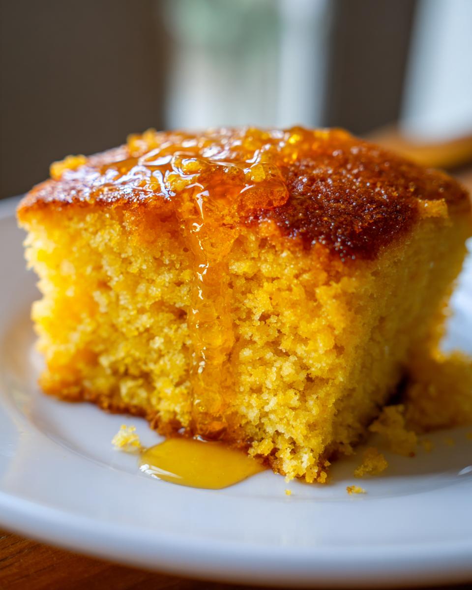 Close-up of a moist, golden slice of sweet potato cornbread topped with a thick, glistening honey or syrup drizzle.