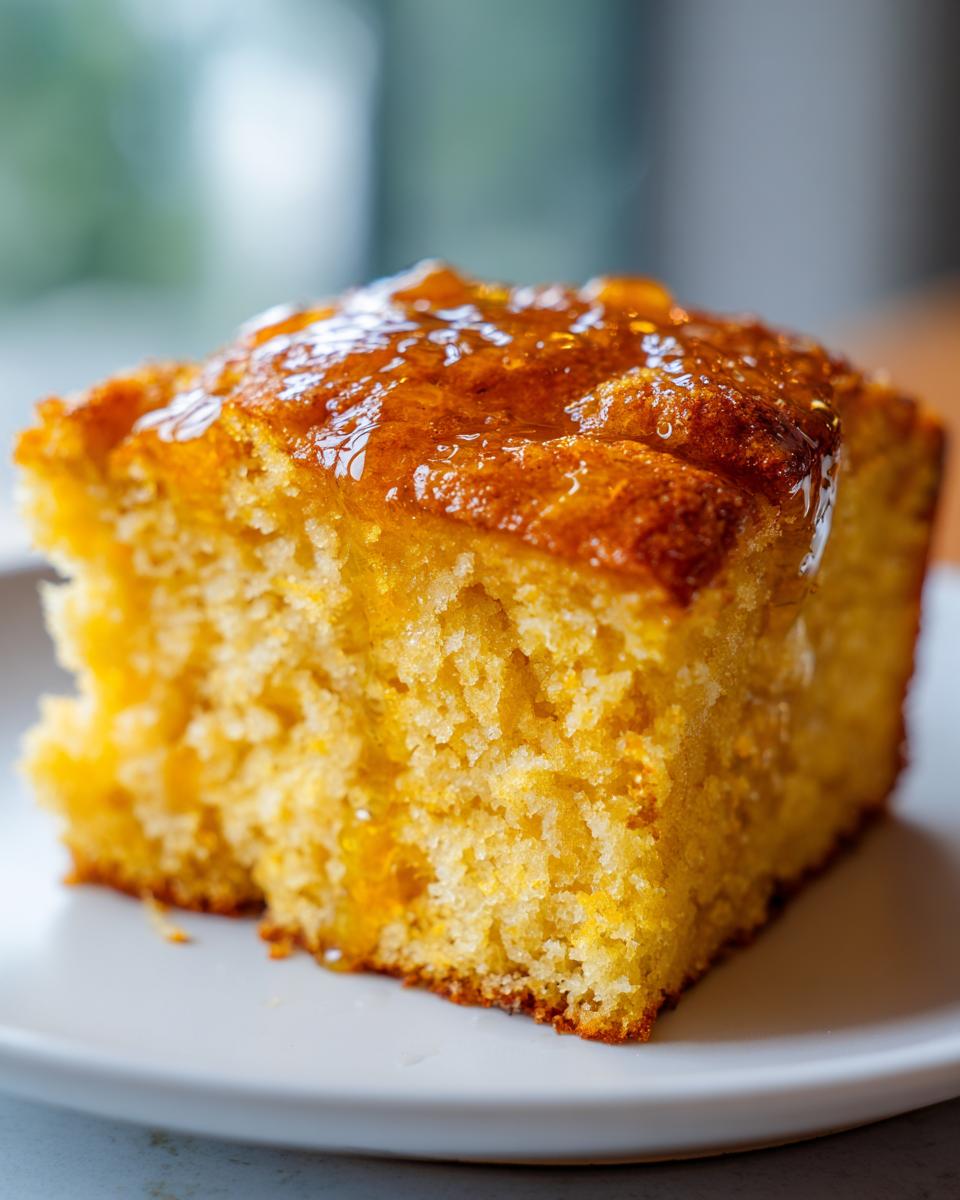 Close-up of a square slice of moist, golden sweet potato cornbread topped with a shiny honey or syrup glaze.