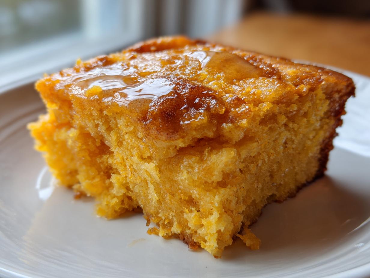 Close-up of a moist, orange slice of sweet potato cornbread topped with a shiny honey or syrup glaze.