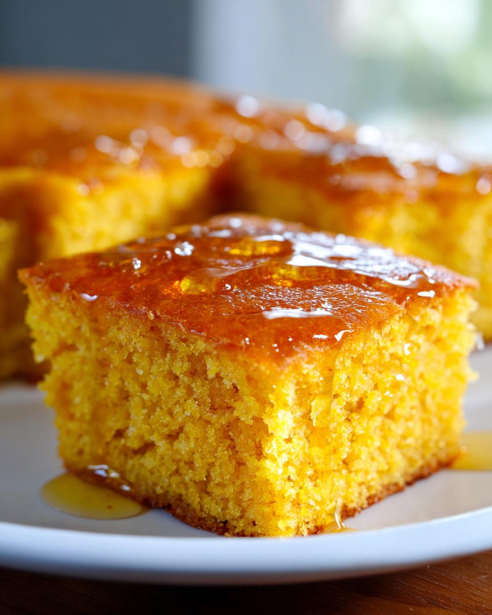 Close-up of a square slice of bright orange sweet potato cornbread drizzled generously with honey.