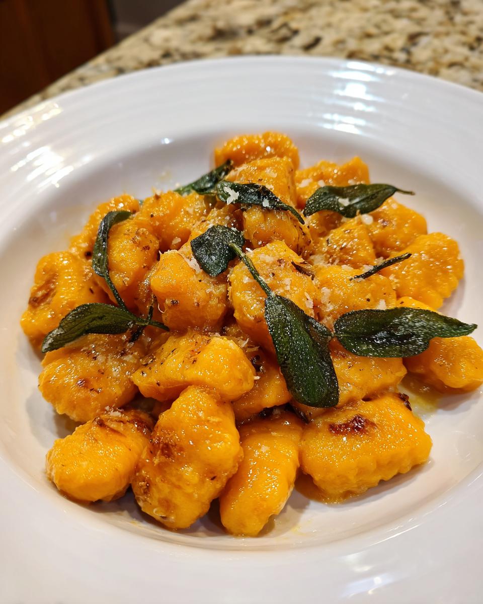 A close-up of bright orange sweet potato gnocchi tossed in sauce and topped with crispy sage leaves and Parmesan.