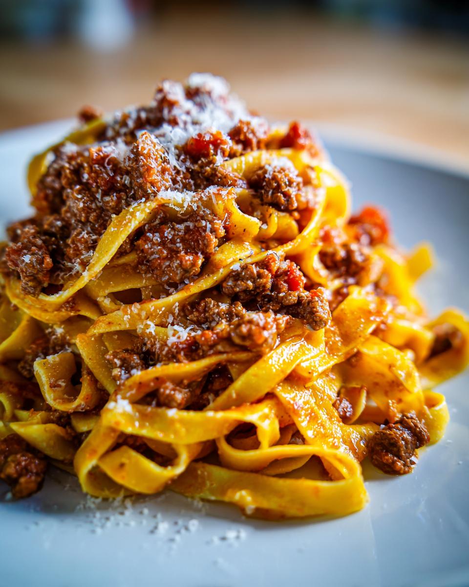 Close-up of fresh tagliatelle pasta generously topped with rich bolognese sauce and grated Parmesan cheese.