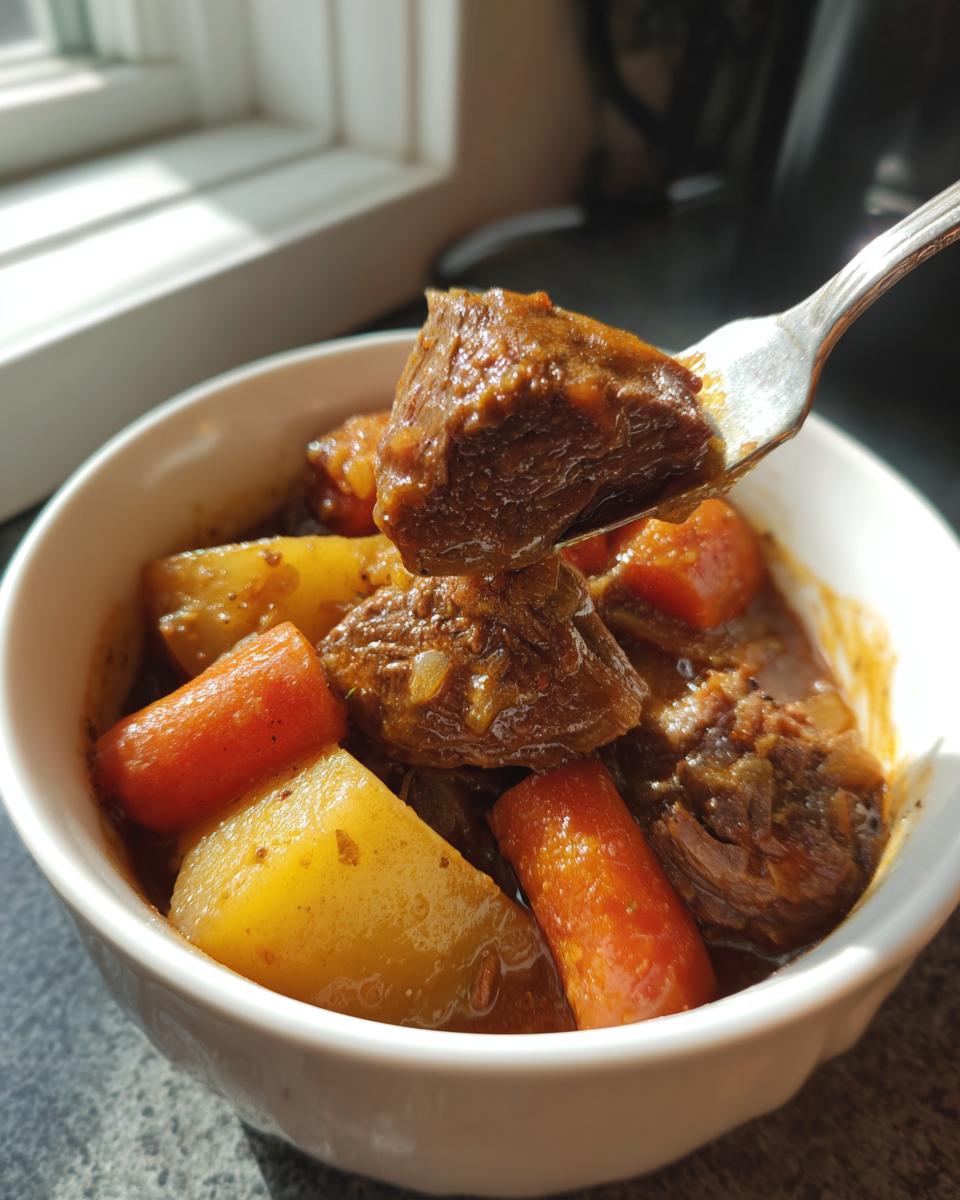 A fork lifts a tender piece of beef from a white bowl filled with carrots and potatoes in rich gravy, showcasing the crockpot beef stew.