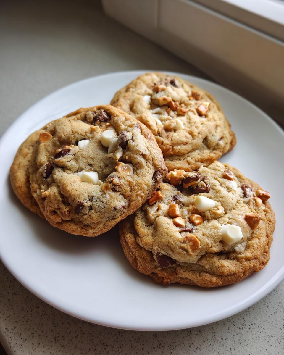 Three freshly baked kitchen sink cookies loaded with chocolate chips and white chocolate chunks on a white plate.