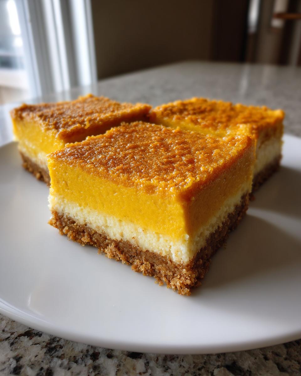 Three rich pumpkin cheesecake bars with a graham cracker crust and creamy layer, served on a white plate.