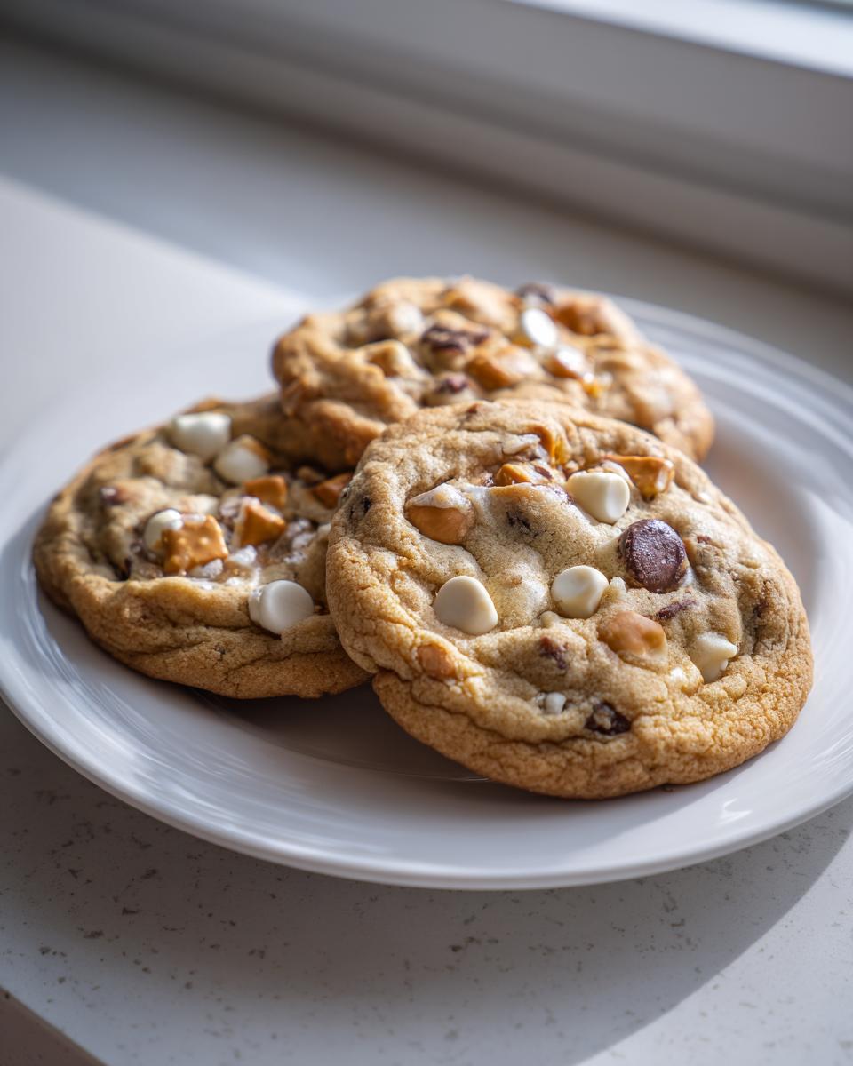 Three freshly baked kitchen sink cookies loaded with white chocolate chips and other mix-ins, resting on a white plate.