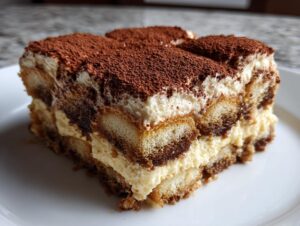 A close-up of a layered slice from the amazing tiramisu recipe, dusted heavily with cocoa powder.