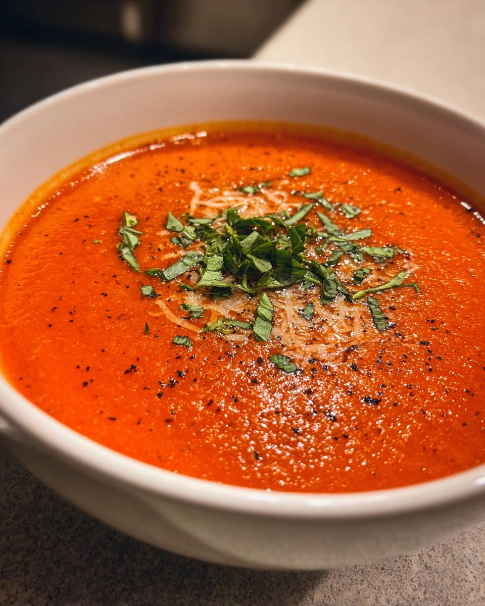 Close-up of a bowl of vibrant red tomato basil soup garnished with fresh basil and grated cheese.