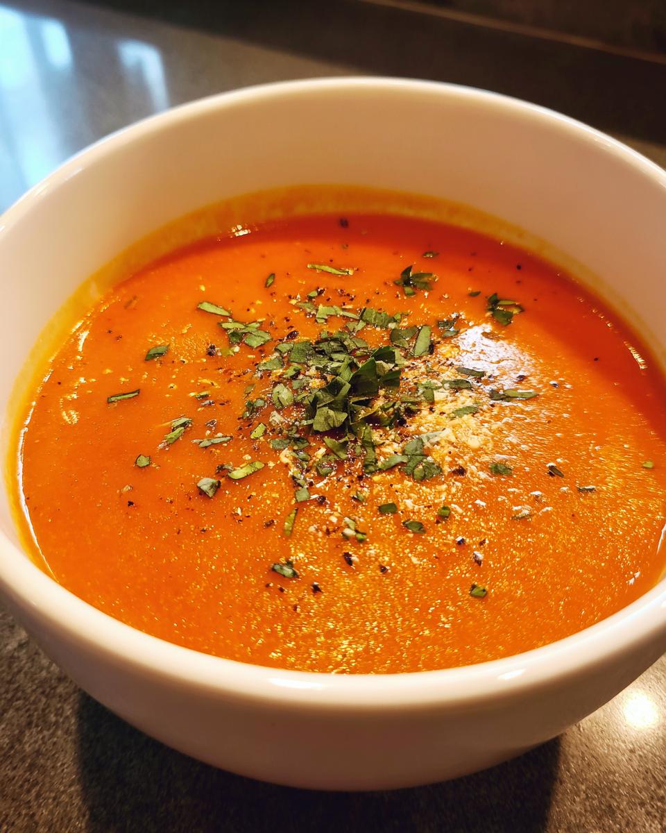 Close-up of a bowl of vibrant orange tomato basil soup topped with chopped basil and pepper.