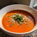 A close-up of a rich, orange-red bowl of tomato basil soup topped with fresh basil and grated cheese.