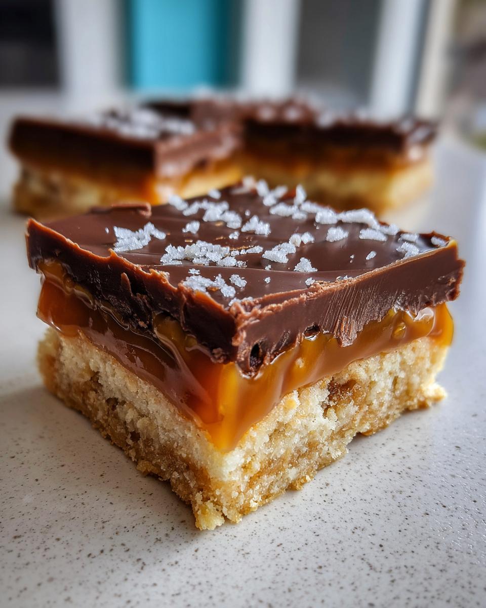 A close-up view of a single twix cookie bar layer showing shortbread, thick caramel, and a chocolate topping sprinkled with sea salt.
