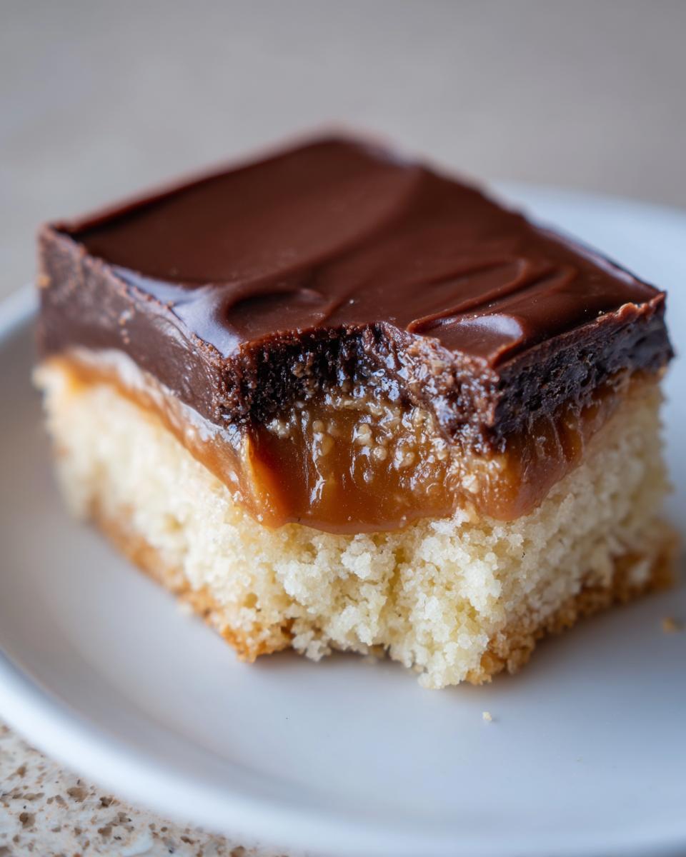 A square slice of a layered twix cookie bar showing a light cake base, thick caramel, and chocolate topping.