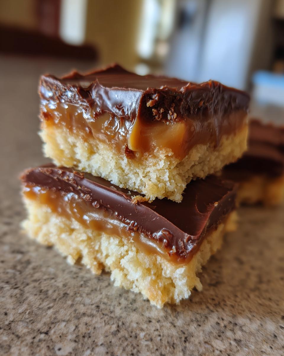 Two stacked, square twix cookie bars showing a shortbread base, thick caramel layer, and chocolate topping.