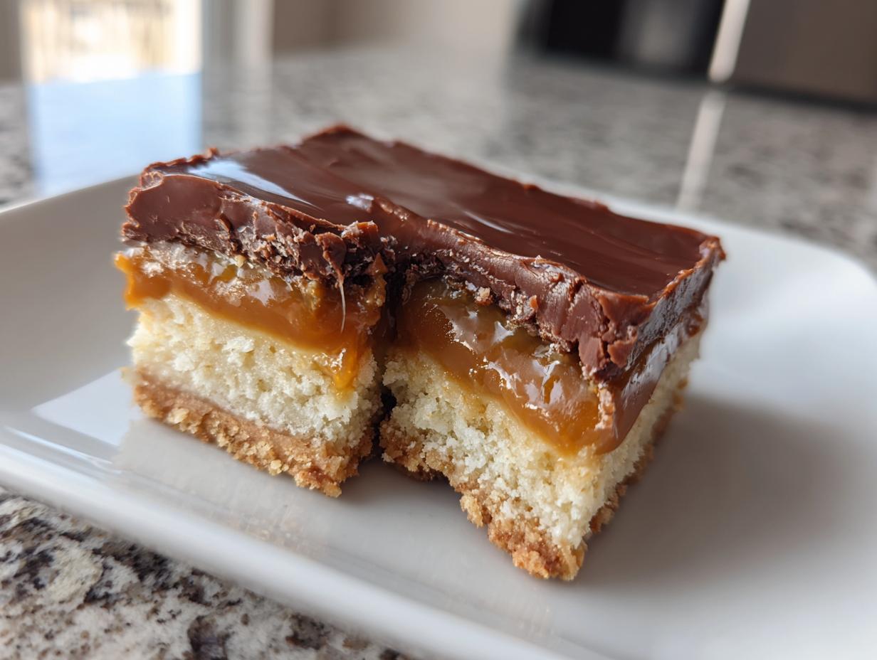 Two square pieces of 280-Calorie twix cookie bars showing layers of shortbread, caramel, and chocolate topping.