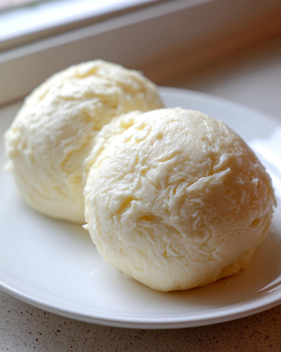 Two smooth, pale yellow balls of freshly made fufu served on a white plate, ready to eat.