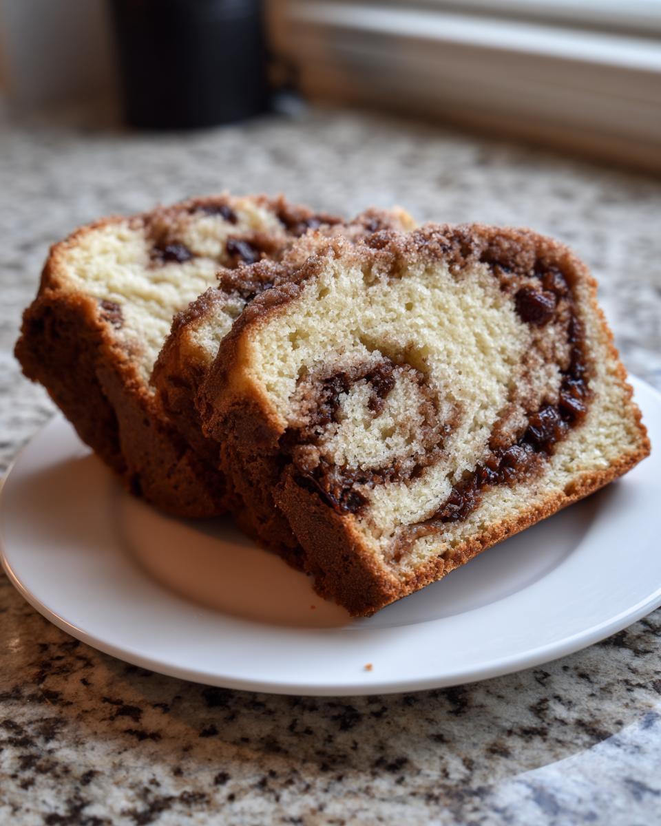 Two thick slices of homemade raisin bread featuring a cinnamon swirl and visible raisins, served on a white plate.
