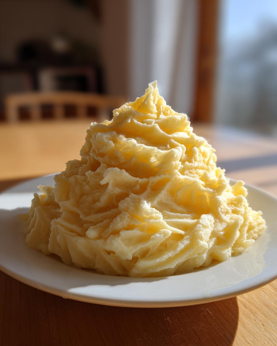 A tall, fluffy mound of bright yellow creamy mashed potatoes served on a white plate.